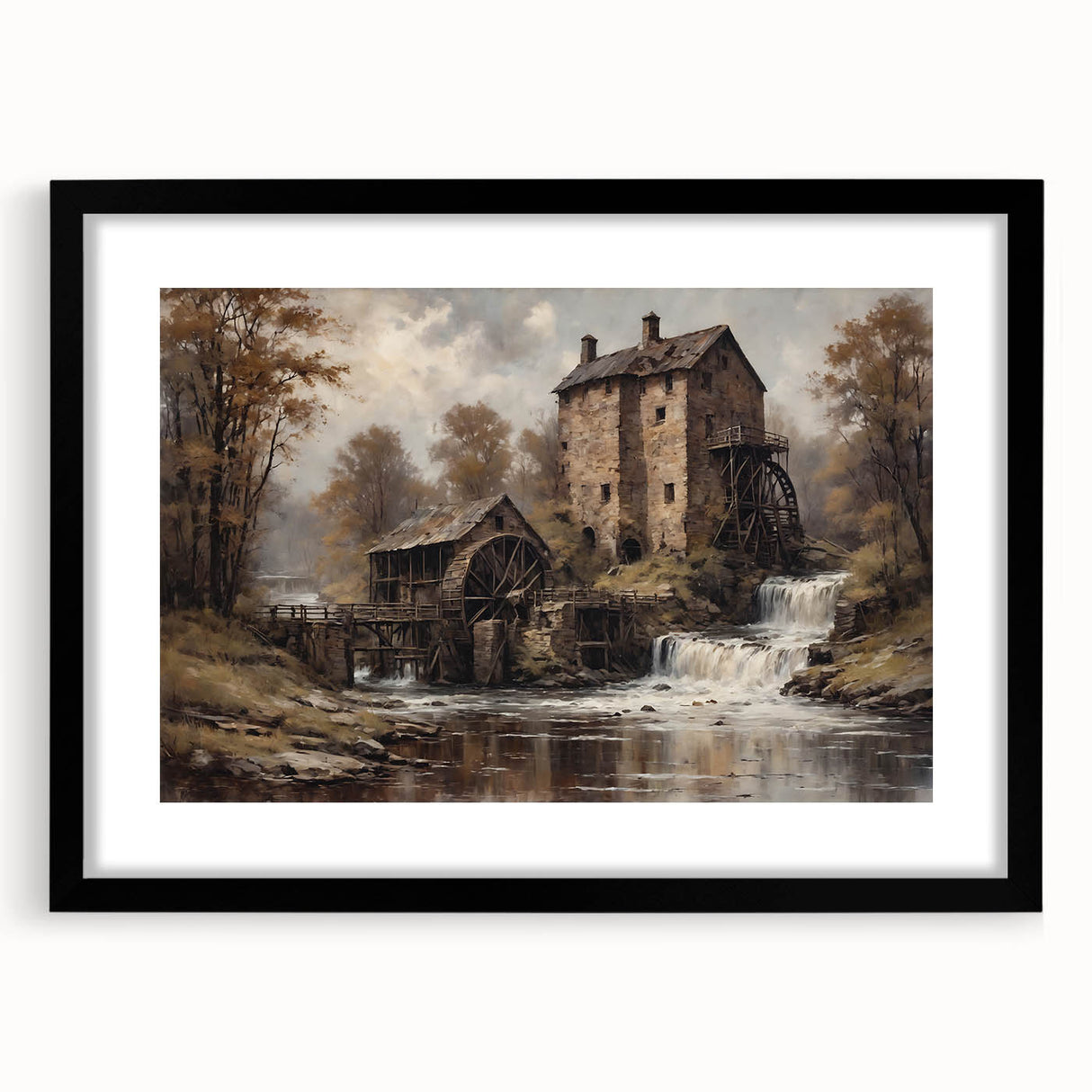 Framed wall art showcasing a serene watermill landscape design with a black mat, perfect for enhancing home decor and adding a touch of nature's tranquility.