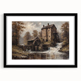 Framed wall art showcasing a serene watermill landscape design with a black mat, perfect for enhancing home decor and adding a touch of nature's tranquility.