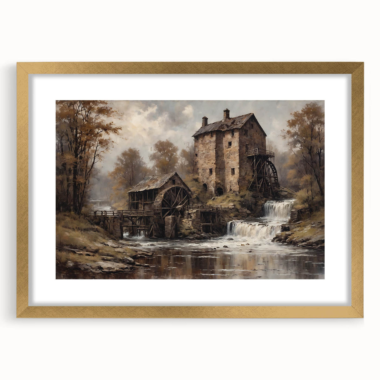 Elegant gold-framed wall art featuring a serene landscape of a watermill, showcasing vibrant colors and intricate details, perfect for home decor enhancement.