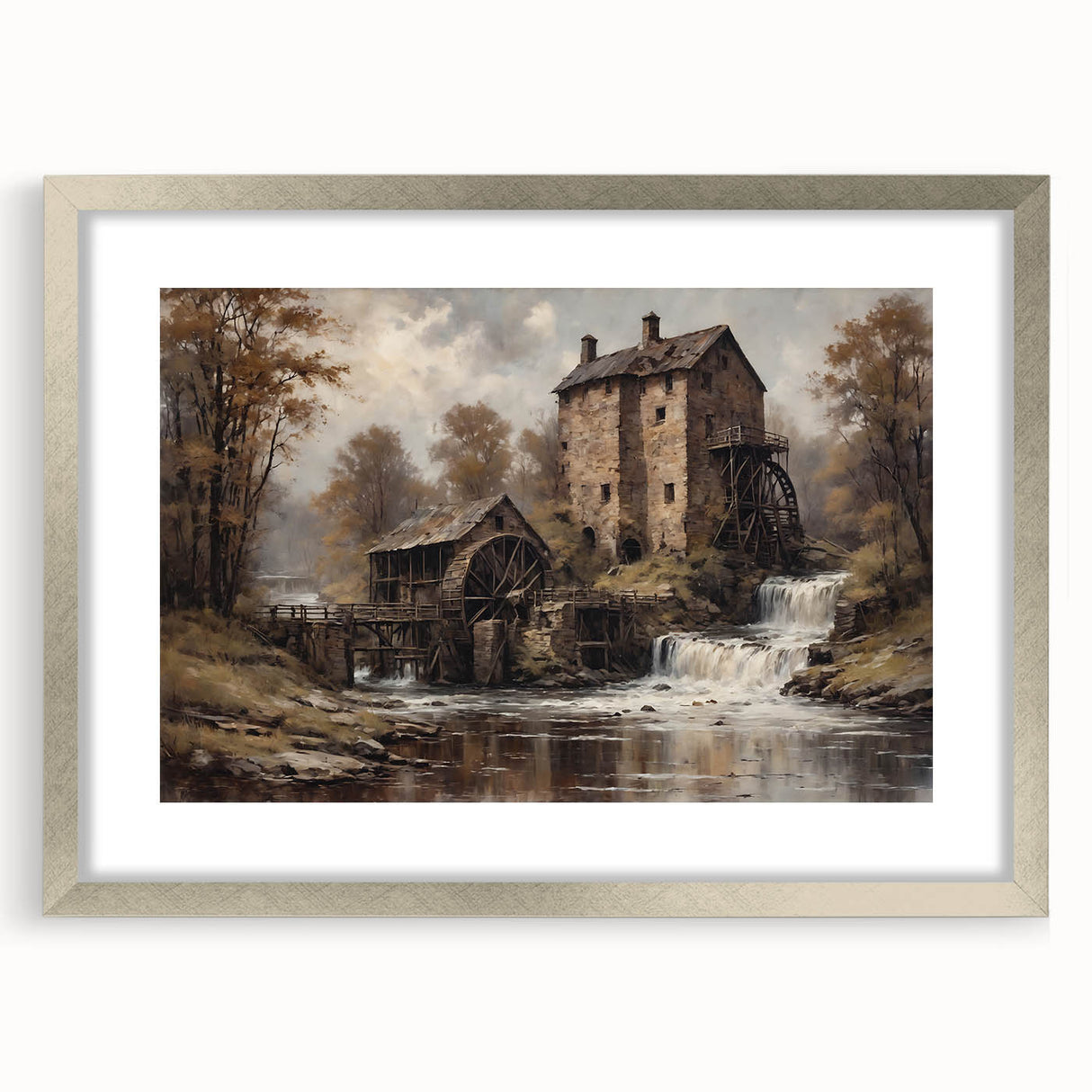 Framed wall art collection showcasing a serene watermill landscape design, featuring a silver mat and frame, ideal for enhancing home decor aesthetics.