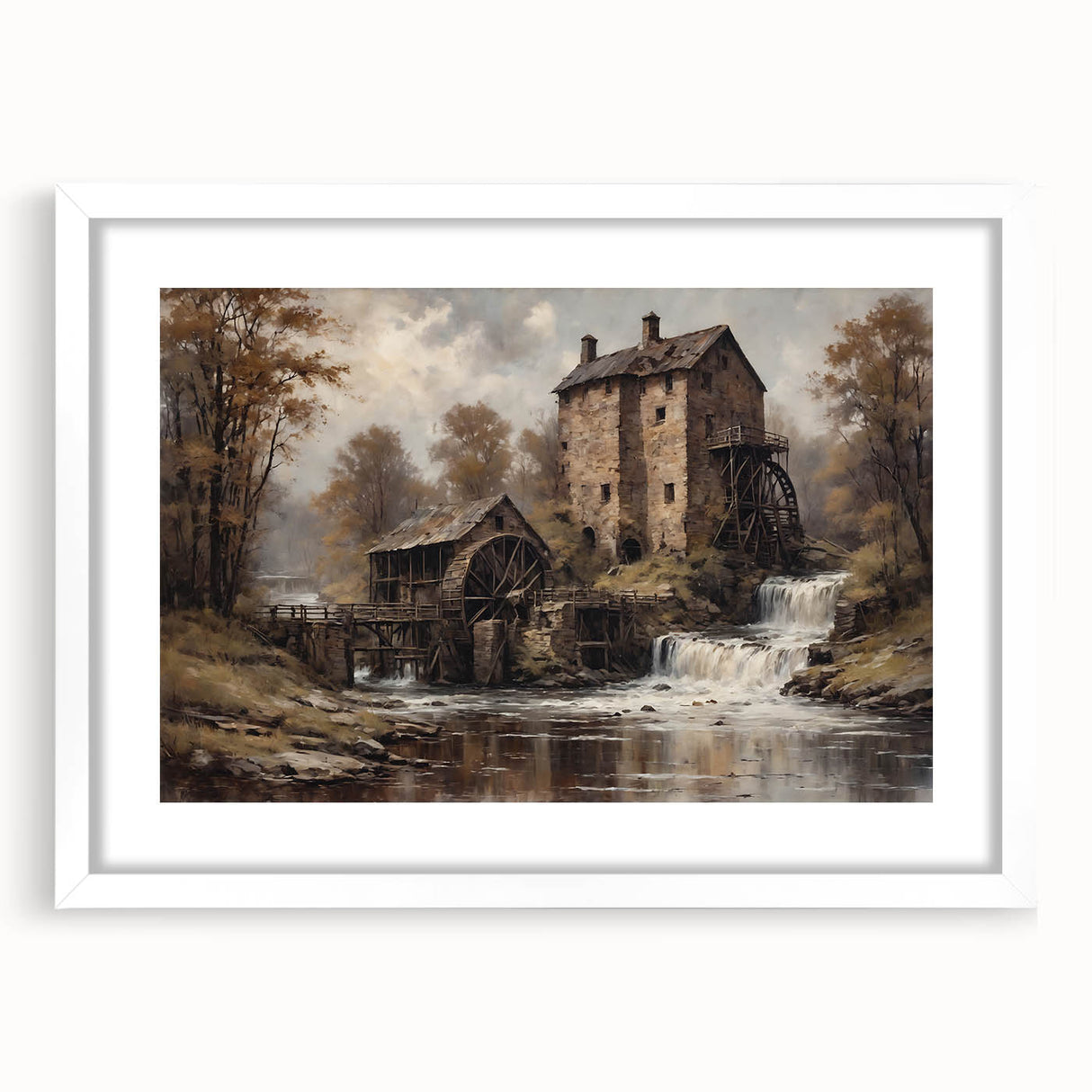 Framed wall art featuring a serene watermill landscape design, set in a sleek white frame with a mat, perfect for enhancing home decor with a touch of tranquility.