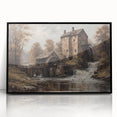 Framed wall art collection featuring a serene watermill landscape design in rich colors, presented with a sleek black frame, perfect for home decor.