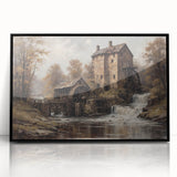 Framed wall art collection featuring a serene watermill landscape design in rich colors, presented with a sleek black frame, perfect for home decor.
