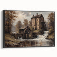 Framed canvas wall art showcasing a serene watermill landscape design with a black frame, perfect for enhancing home decor and creating a tranquil atmosphere.