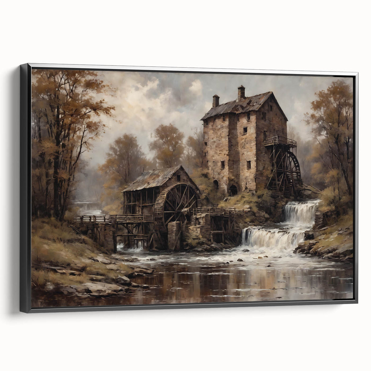 Framed canvas wall art showcasing a serene watermill landscape design with a black frame, perfect for enhancing home decor and creating a tranquil atmosphere.