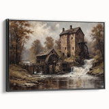 Framed canvas wall art showcasing a serene watermill landscape design with a black frame, perfect for enhancing home decor and creating a tranquil atmosphere.