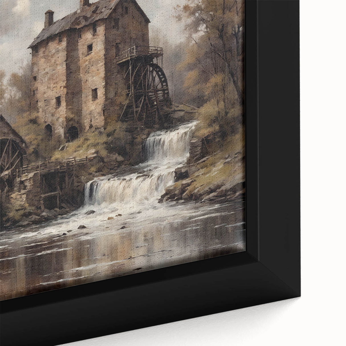 Close-up of a framed canvas from the Watermills Design wall art collection, featuring a serene landscape with tranquil watermills and lush greenery, ideal for home decor.
