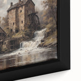Close-up of a framed canvas from the Watermills Design wall art collection, featuring a serene landscape with tranquil watermills and lush greenery, ideal for home decor.
