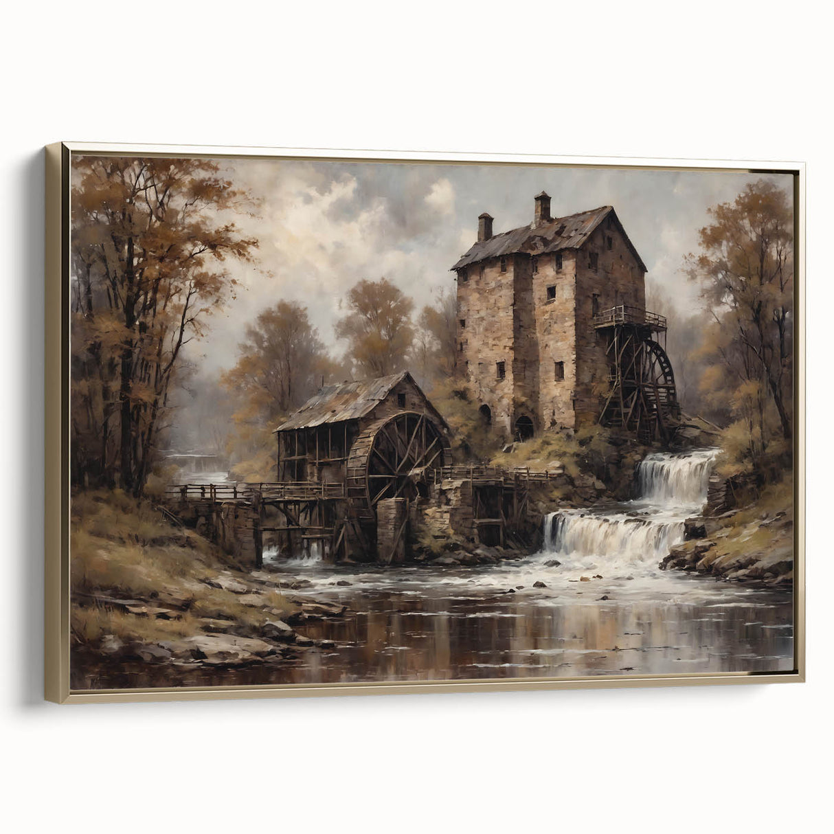 Framed canvas wall art showcasing a serene landscape with a watermill, accented in gold. The side view highlights its elegant design, perfect for home decor.