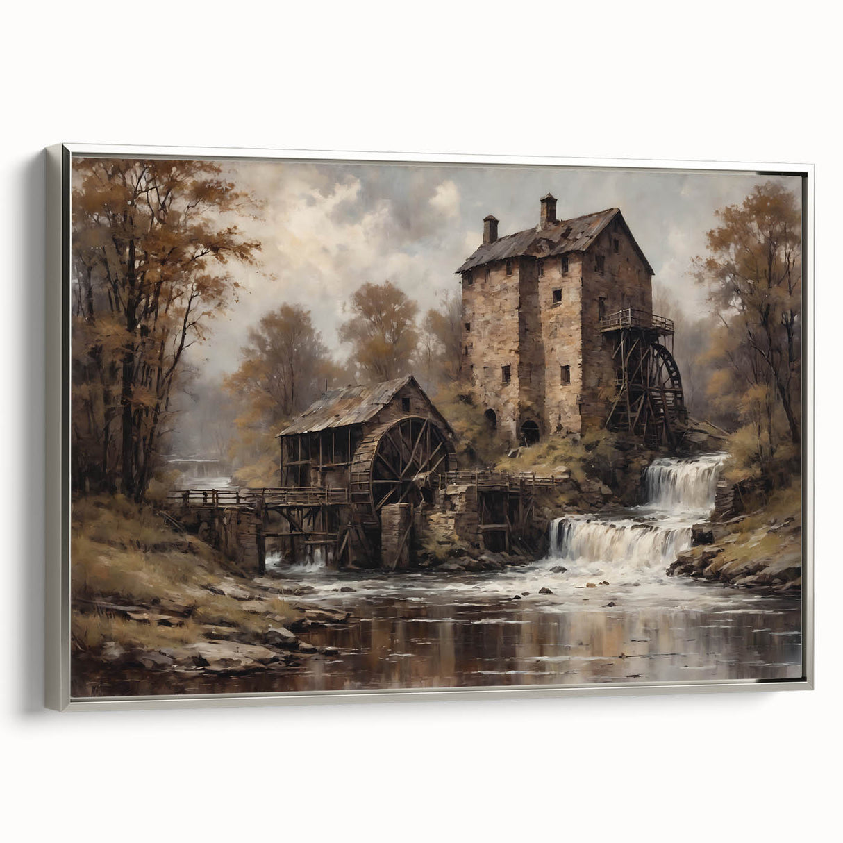 Framed canvas wall art depicting a serene watermill landscape, featuring soft colors and intricate details, set against a silver frame for an elegant touch.