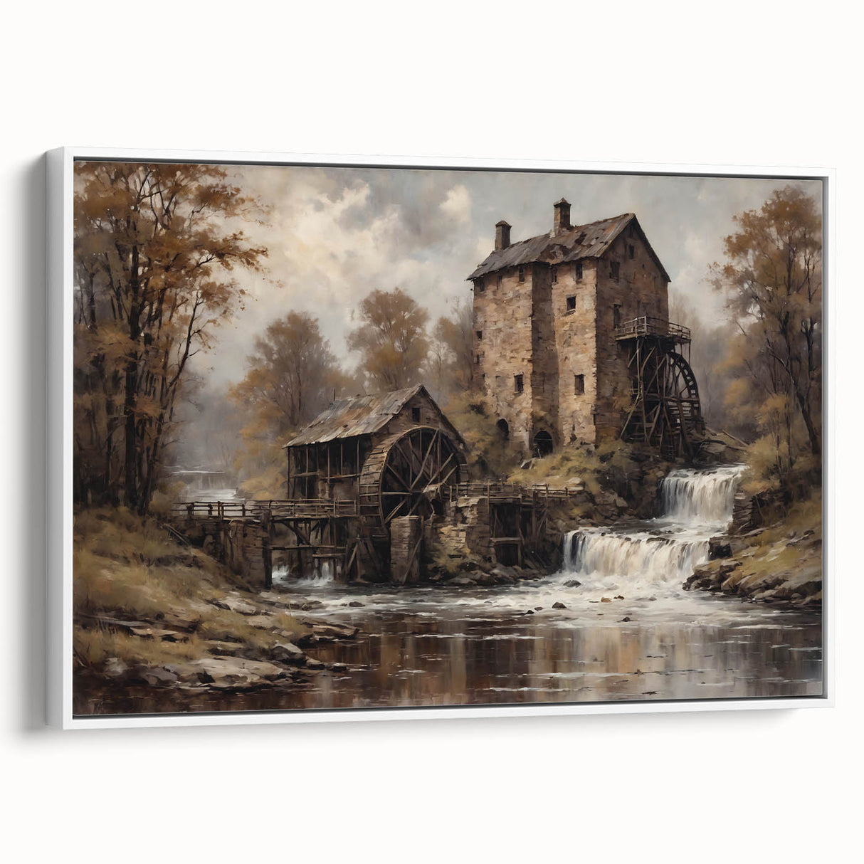 Framed canvas wall art featuring a serene landscape of watermills, showcasing soft colors and intricate details, perfect for enhancing home decor.
