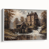 Framed canvas wall art featuring a serene landscape of watermills, showcasing soft colors and intricate details, perfect for enhancing home decor.