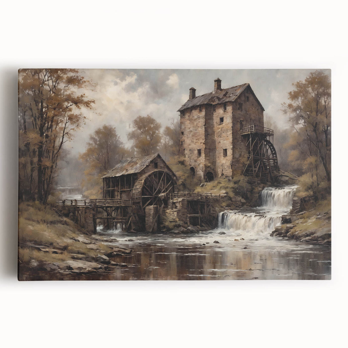 Stretched canvas wall art featuring a serene landscape with a watermill, vibrant colors, and intricate details, perfect for enhancing home decor aesthetics.