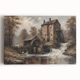 Stretched canvas wall art featuring a serene landscape with a watermill, vibrant colors, and intricate details, perfect for enhancing home decor aesthetics.