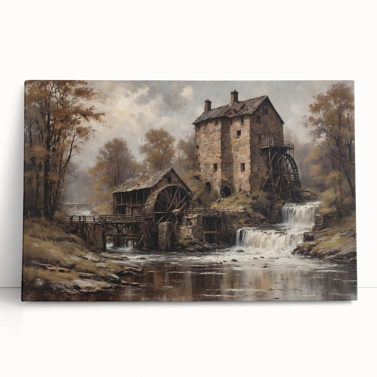 Stretched canvas wall art showcasing a serene landscape of watermills, featuring vibrant colors and intricate details, perfect for enhancing home decor.