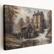 Stretched canvas wall art showcasing a serene watermill landscape design, featuring vibrant colors and intricate details, perfect for home decor enhancement.
