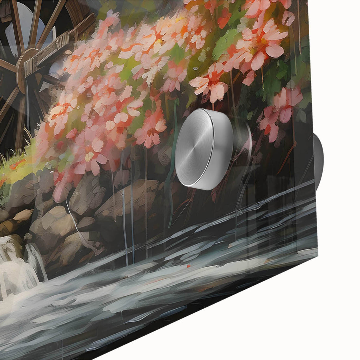 Close-up of a vibrant acrylic wall art piece depicting a serene landscape with a watermill, showcasing intricate details and rich colors that enhance any decor.