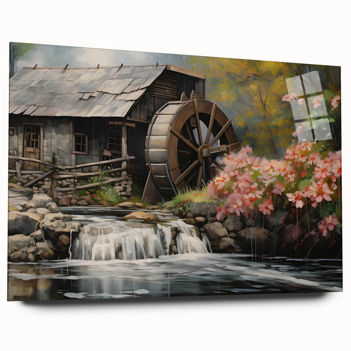 Elegant acrylic wall art depicting a serene watermill landscape, showcasing vibrant colors and intricate details, ideal for home decor and interior design enthusiasts. This piece adds a touch of tranquility and nature to any space.