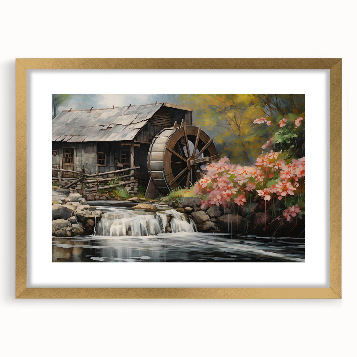 Elegant wall art featuring a framed landscape of tranquil watermills, accented with a gold mat. Ideal for enhancing home decor with a serene nature theme.
