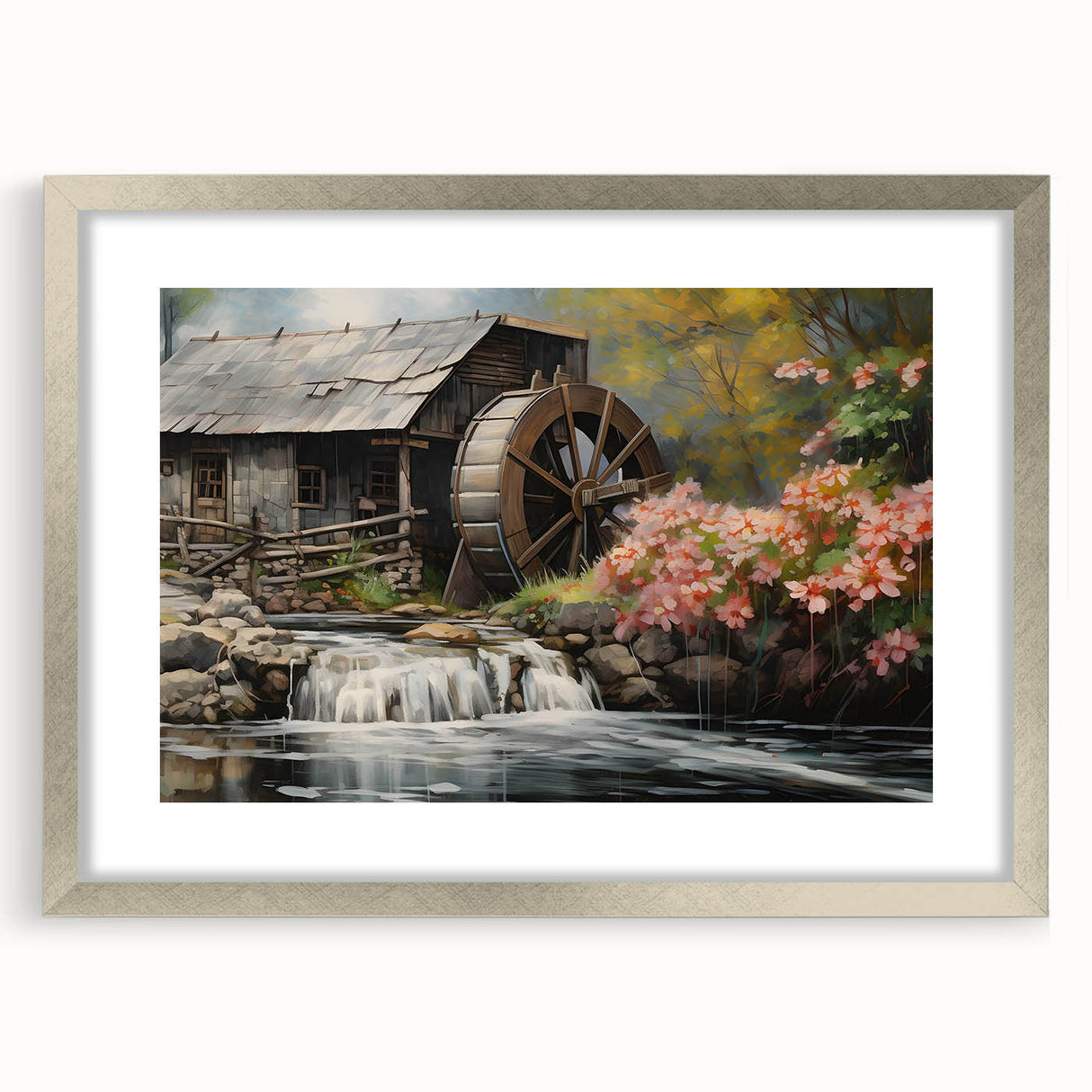 Framed wall art featuring a serene landscape design with a watermill, accented by a silver mat and frame, perfect for home decor enhancement.