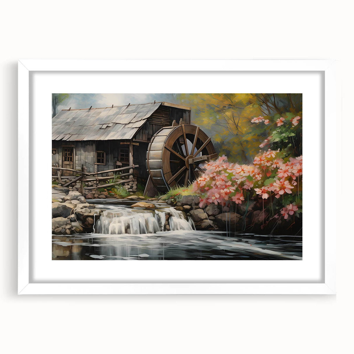 Framed wall art featuring a serene watermill landscape design with a white mat and sleek frame, perfect for enhancing home decor and creating a calming ambiance.