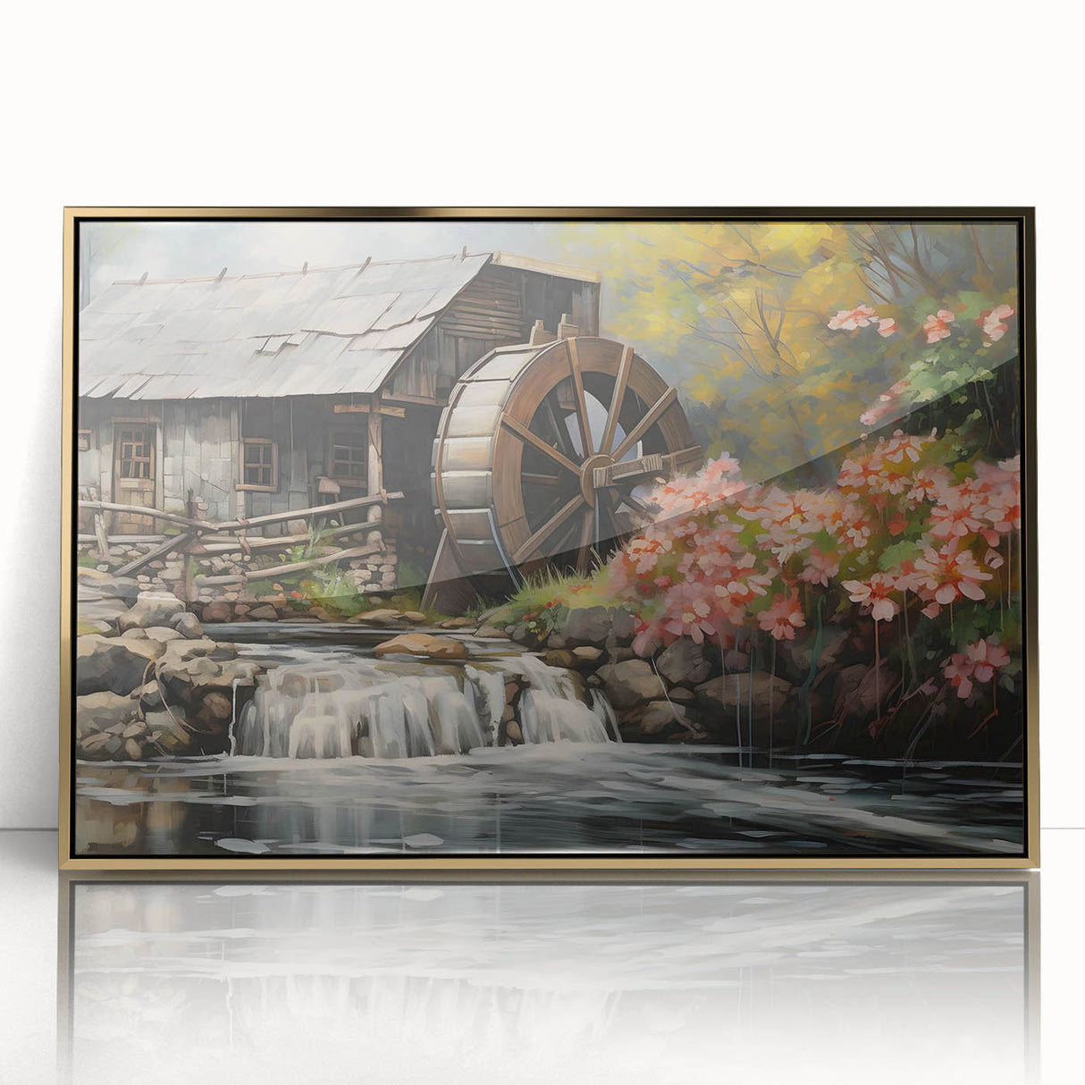 Framed wall art collection featuring a serene watermill landscape design with gold accents, showcasing a tranquil natural scene ideal for home decor.