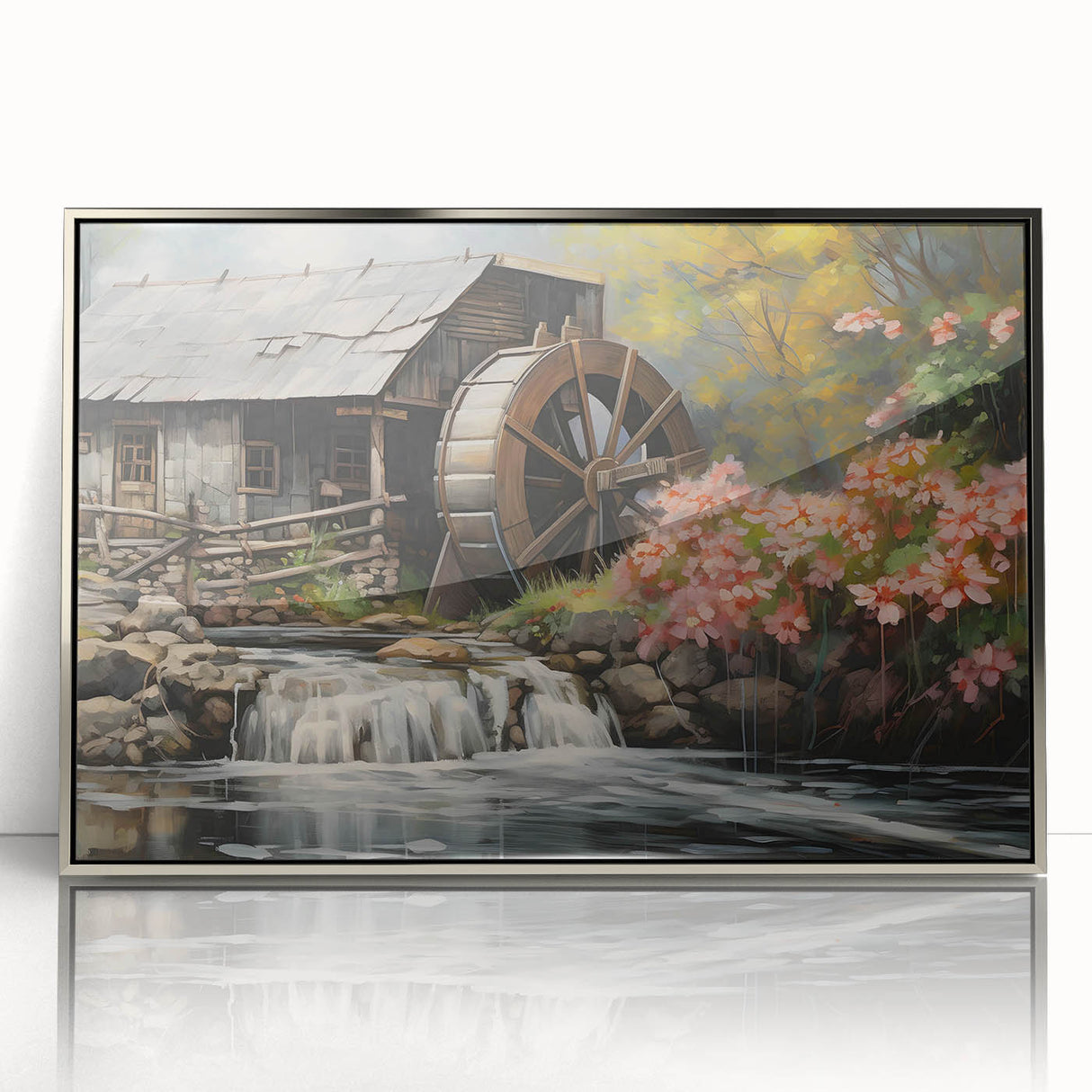 Framed acrylic wall art showcasing a serene watermill landscape with silver accents, perfect for home decor and adding a touch of elegance to any room.