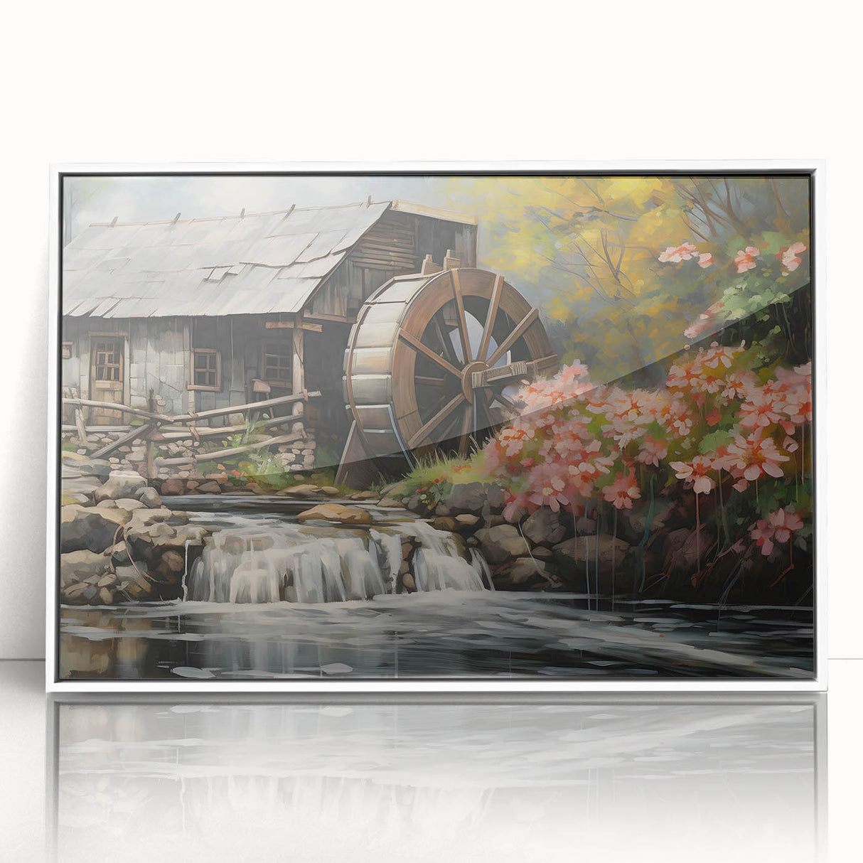 Framed acrylic wall art featuring a serene landscape of watermills, showcasing vibrant colors and intricate details, perfect for enhancing home decor.