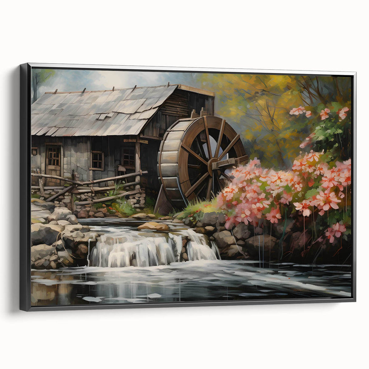 Framed canvas wall art depicting a serene landscape featuring a watermill, surrounded by lush greenery and a tranquil river, showcasing deep greens and browns.