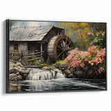 Framed canvas wall art depicting a serene landscape featuring a watermill, surrounded by lush greenery and a tranquil river, showcasing deep greens and browns.