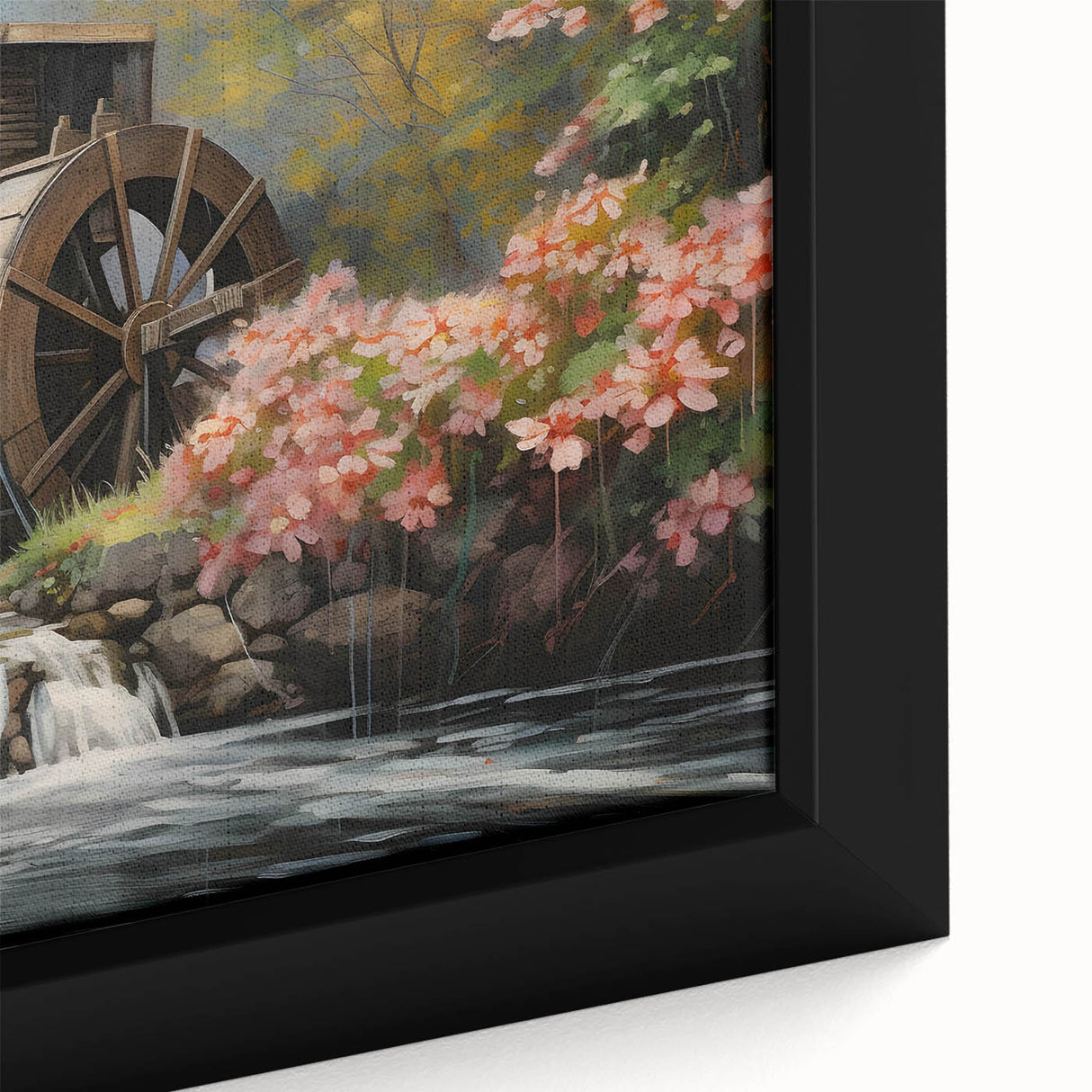 Framed canvas wall art showcasing a serene landscape with a rustic watermill, vibrant greens, and warm earth tones, perfect for home decor enhancement.