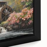 Framed canvas wall art showcasing a serene landscape with a rustic watermill, vibrant greens, and warm earth tones, perfect for home decor enhancement.
