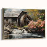 Framed canvas wall art showcasing a serene watermill landscape design with gold accents, elegantly displayed from a side view to highlight its detailed texture and sophisticated finish.