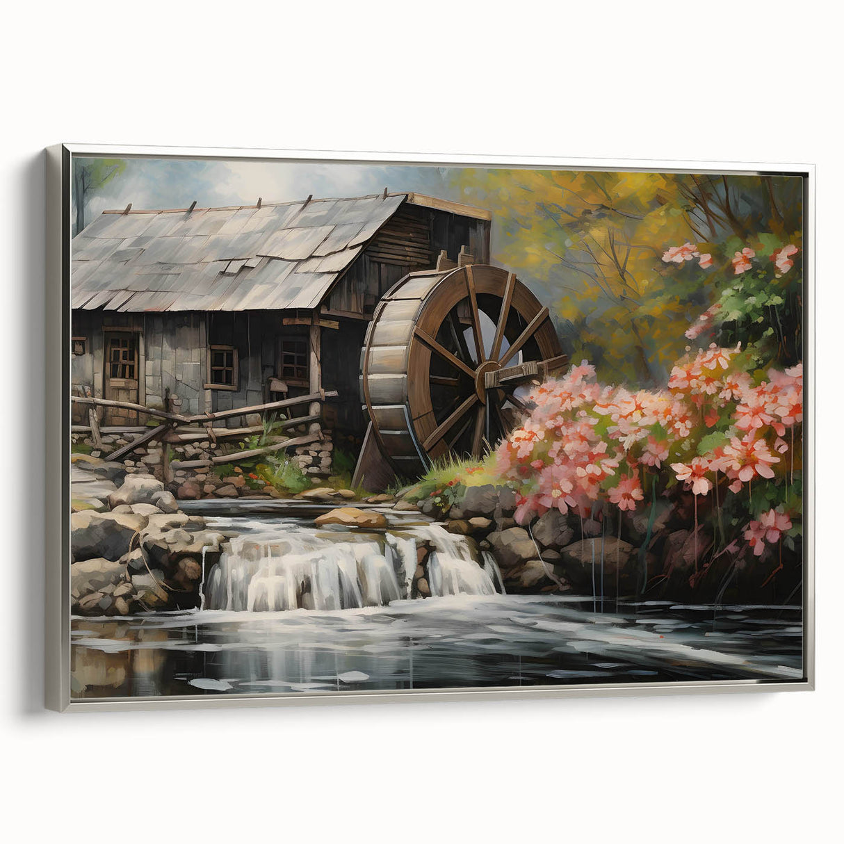 Framed canvas wall art showcasing a serene watermill landscape design in silver frame, perfect for enhancing home decor with a touch of tranquility and elegance.