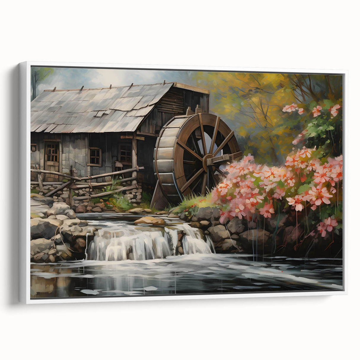 Framed canvas wall art showcasing a serene landscape design featuring a watermill, presented in a stylish white frame, perfect for enhancing home decor.