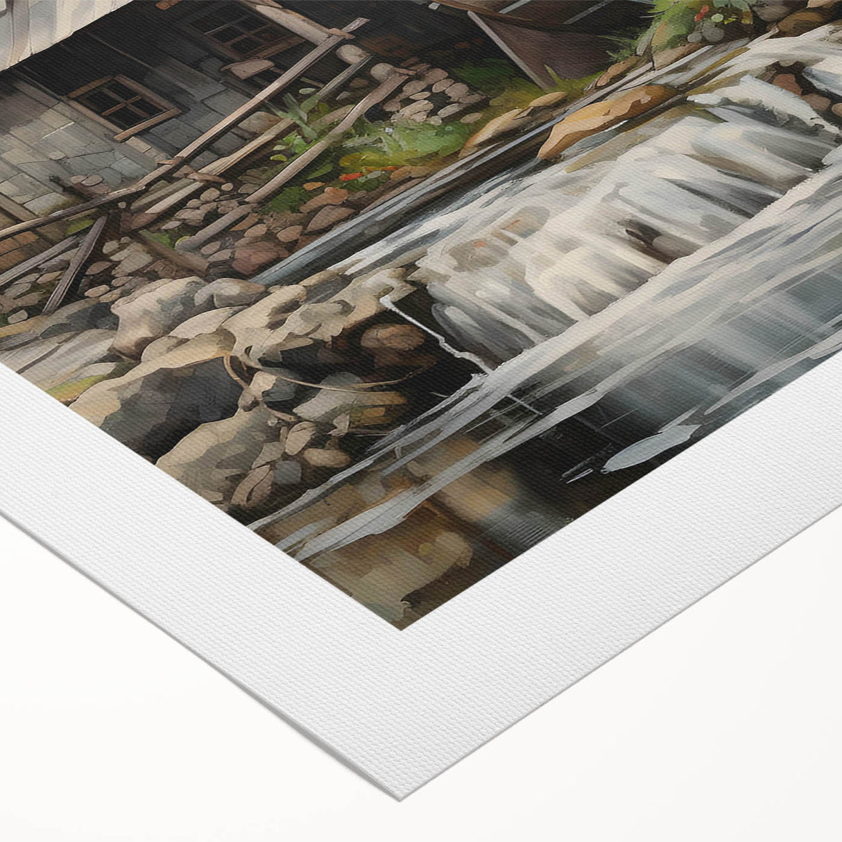 Stunning rolled canvas wall art featuring a serene landscape with a watermill surrounded by lush greenery, perfect for enhancing home decor.
