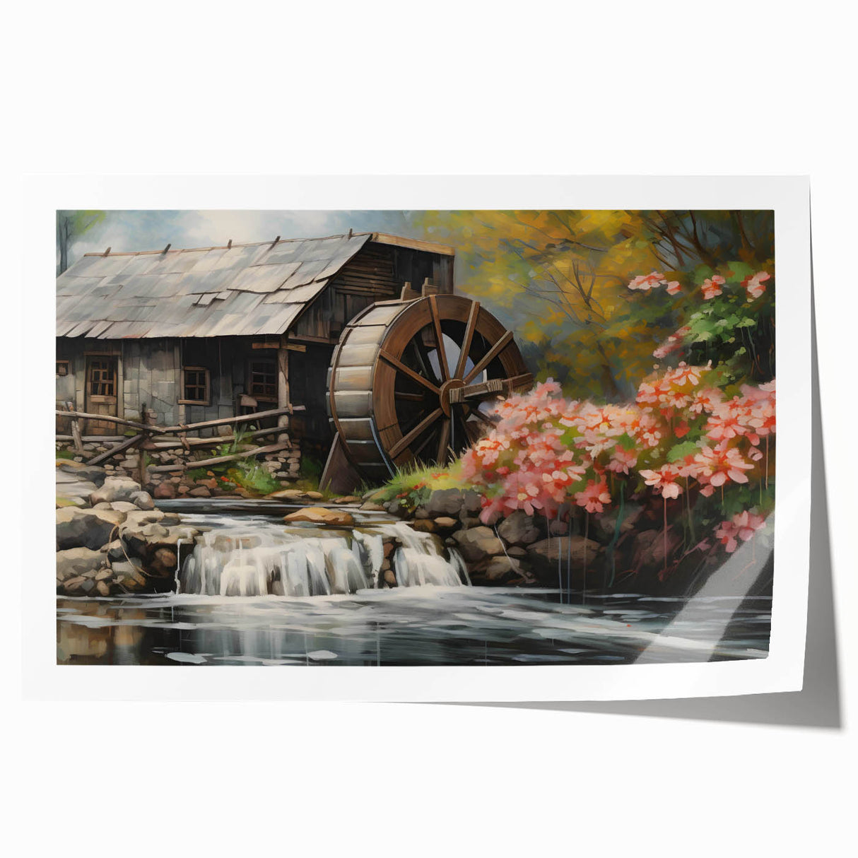 Rolled print showcasing a serene landscape of watermills, featuring vibrant colors and intricate details, ideal for home decor and art enthusiasts.