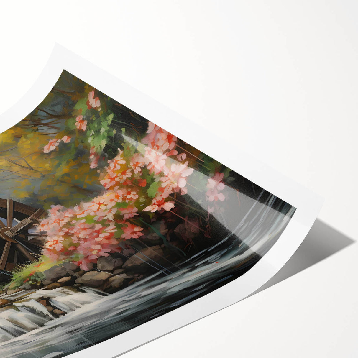 Beautifully detailed rolled print of a serene landscape featuring a historic watermill surrounded by lush greenery, perfect for home decor and art enthusiasts.