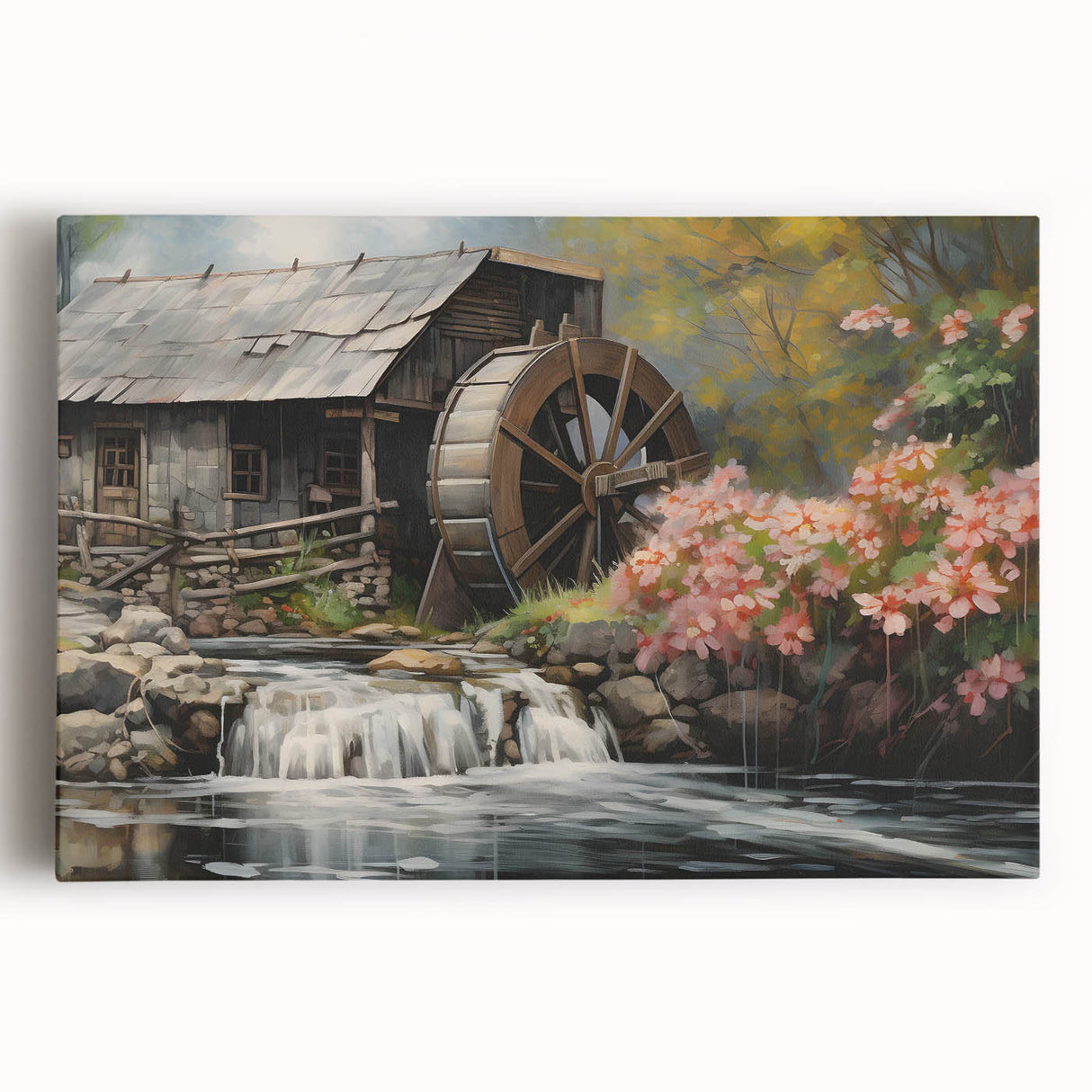 Stretched canvas wall art featuring a serene landscape of a watermill surrounded by lush greenery, ideal for home decor. The vibrant colors and intricate details enhance any room's aesthetic.