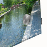 Close-up of a vibrant acrylic glass art piece showcasing a serene watermill landscape, featuring lush greenery and a tranquil river, ideal for home decor.