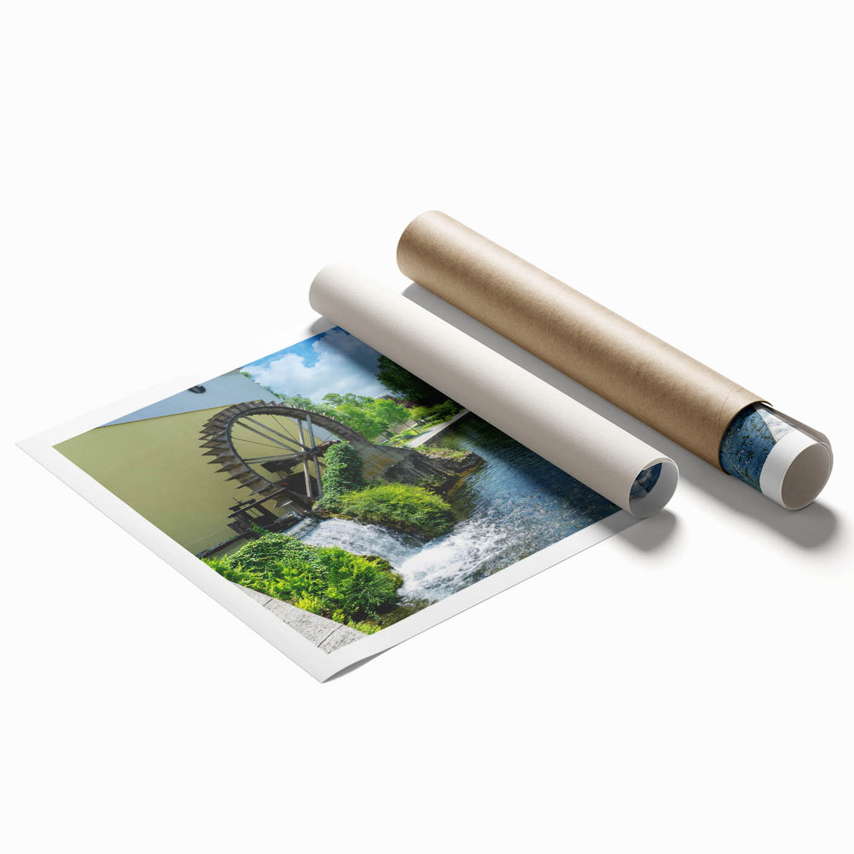 Rolled print of a serene landscape featuring a tranquil watermill surrounded by lush greenery, ideal for home decor and enhancing interior aesthetics.