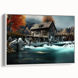 Framed canvas wall art showcasing a serene watermill landscape design in soft earth tones, displayed from a side view against a white background. Perfect for home decor.
