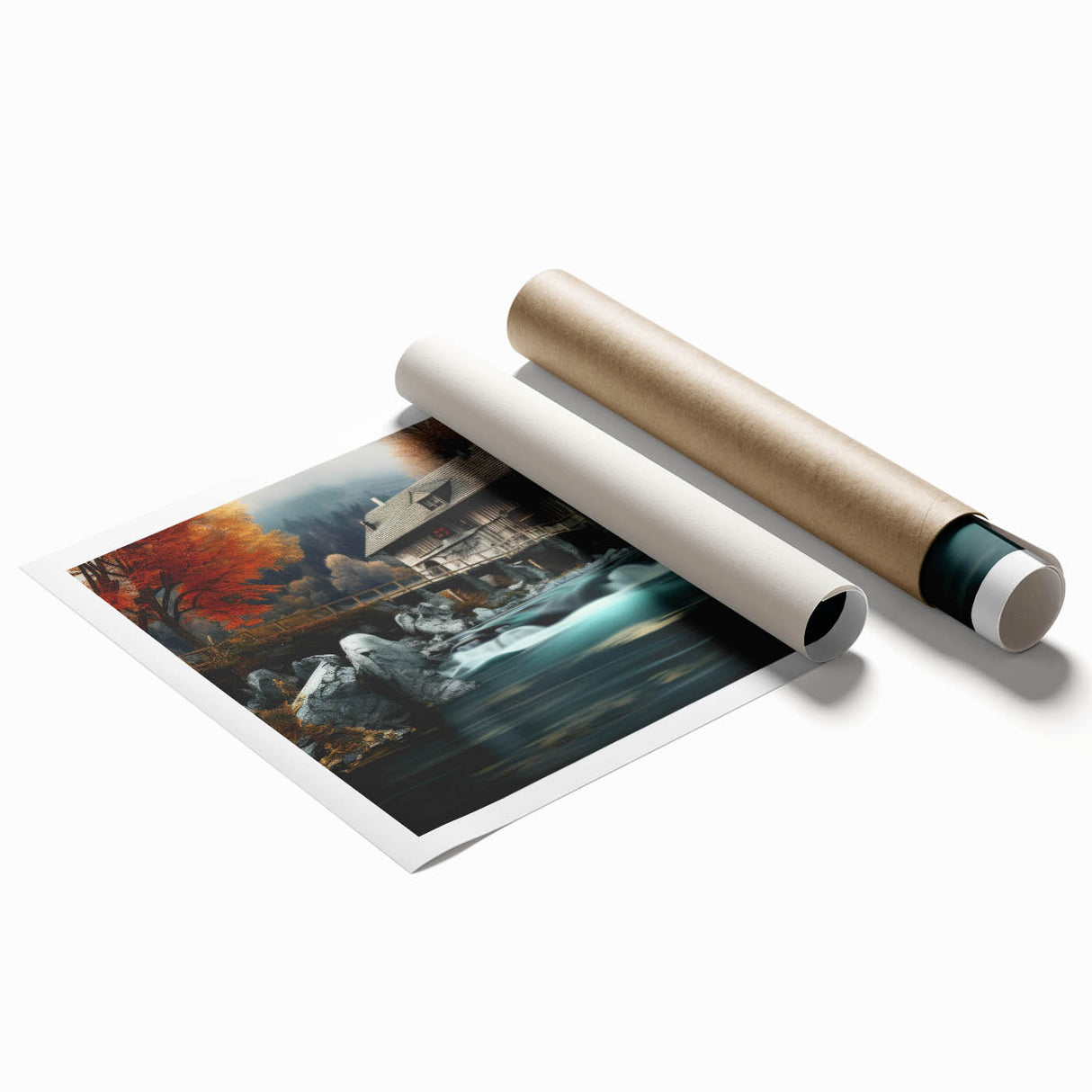 Rolled print of a serene watermill landscape, showcasing vibrant greens and blues, ideal for home decor. Perfect for nature lovers seeking tranquility.