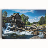 Stretched canvas wall art featuring a serene landscape design of watermills surrounded by lush greenery, perfect for enhancing home decor with a tranquil ambiance.