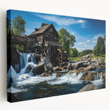 Stretched canvas wall art showcasing a serene watermill landscape, featuring vibrant colors and intricate details, ideal for home decor. The piece captures the essence of nature and tranquility, perfect for creating a calming atmosphere in any room.