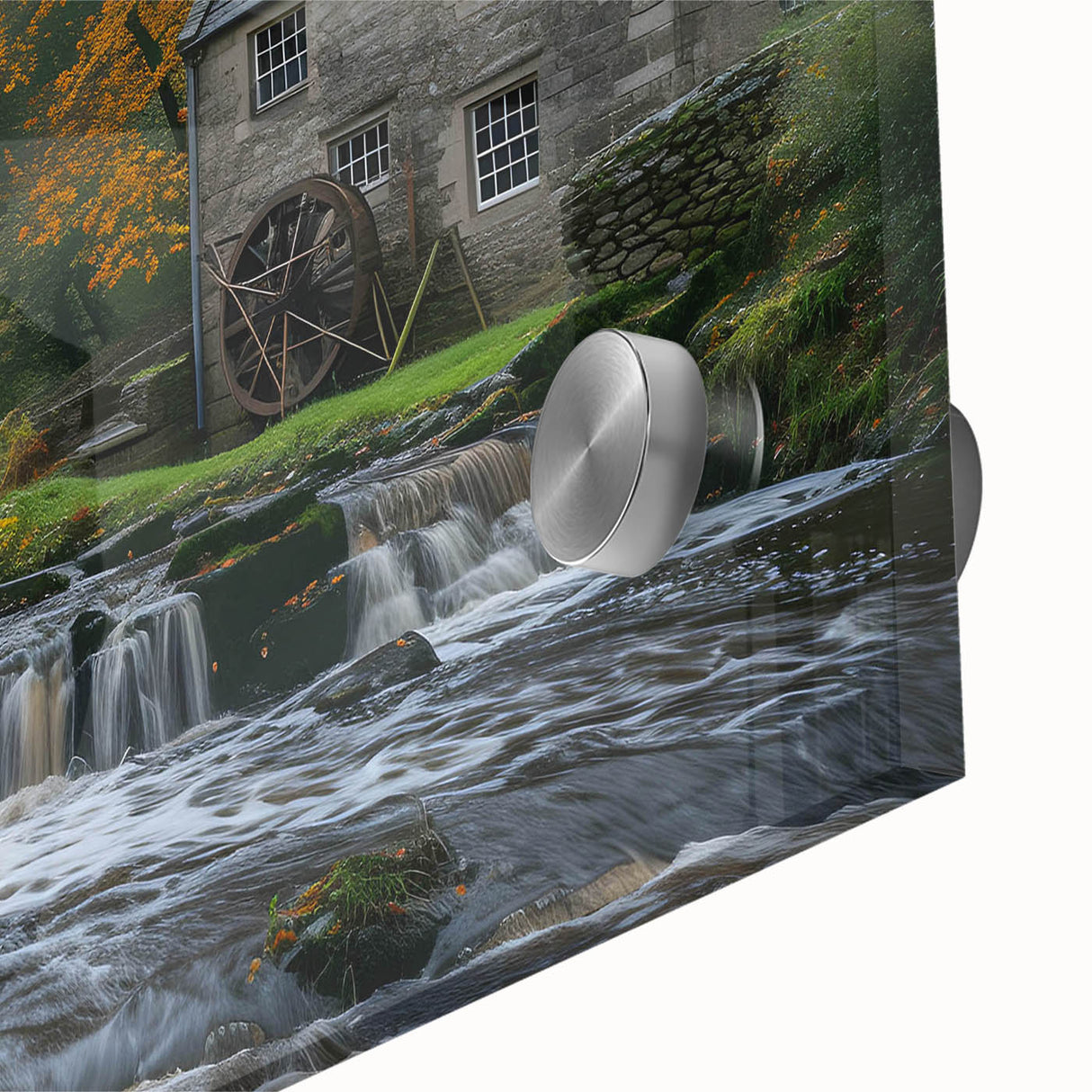 Close-up view of a vibrant acrylic landscape wall art design featuring a serene watermill scene, showcasing rich colors and intricate details, perfect for home decor.