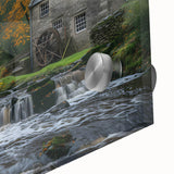 Close-up view of a vibrant acrylic landscape wall art design featuring a serene watermill scene, showcasing rich colors and intricate details, perfect for home decor.