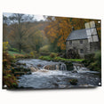 Landscape wall art collection showcasing a watermill design, presented in a sleek acrylic glass frame with pins, featuring vibrant colors and intricate details, ideal for enhancing home decor.