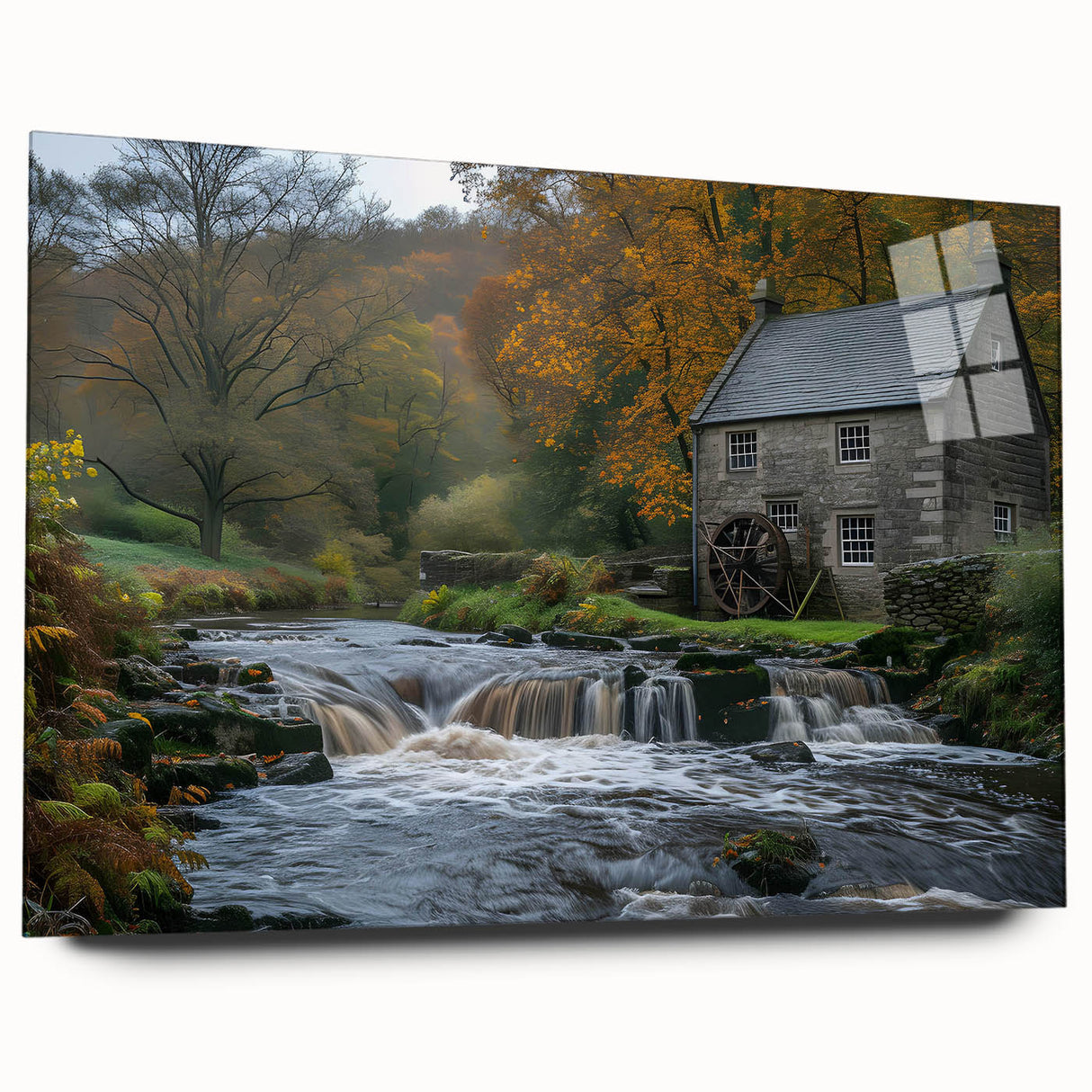 Acrylic glass wall art featuring a serene landscape design of a watermill surrounded by lush greenery, showcasing vibrant colors and intricate details. Perfect for home decor.