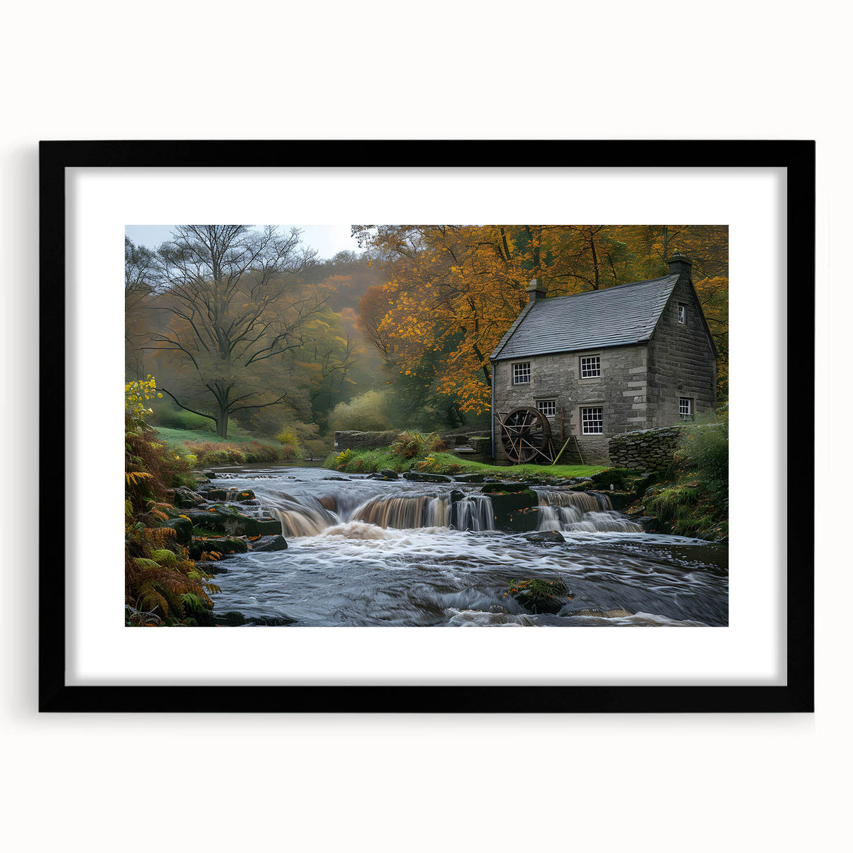 Black-framed wall art featuring a serene landscape design of watermills, showcasing vibrant colors and intricate details, perfect for home decor enhancement.